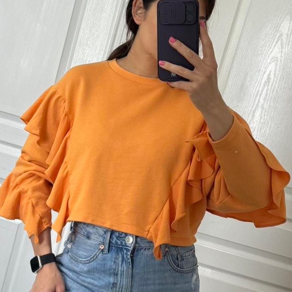 Zara Crop Sweatshirt With Frills Orange